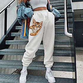 Women's Streetwear Sweatpants Comfort Going out Weekend Jogger Pants Cat Animal Full Length Elastic Drawstring Design Print White