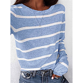 Women's T shirt Striped Long Sleeve Round Neck Tops Basic Basic Top Blue Gray