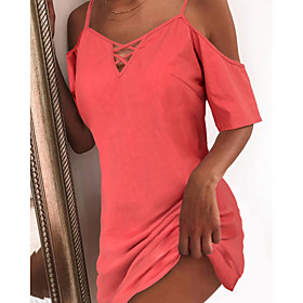 Women's Shift Dress Knee Length Dress Blushing Pink Short Sleeve Solid Color Fall Summer V Neck Elegant 2021 S M L XL XXL 3XL / Cotton / Cotton