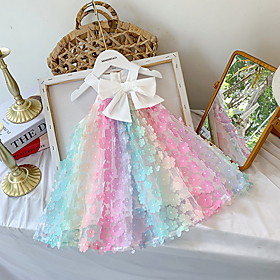 Kids Little Girls' Dress Rainbow Bow Print Rainbow Knee-length Sleeveless Basic Dresses Summer Regular Fit 3-8 Years