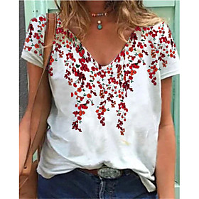 Women's Floral Theme T shirt Graphic V Neck Tops Basic Basic Top White