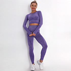 Women's 2pcs Activewear Set Yoga Suit Winter Thumbhole Cropped Solid Color Black Purple Pink Spandex Yoga Fitness Gym Workout Clothing Suit Long Sleeve Sport A