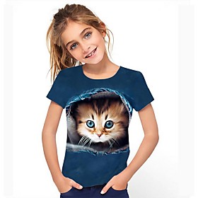 Kids Girls' Tee Short Sleeve Cat Graphic Animal Rainbow Children Tops Active Cute 3-12 Years