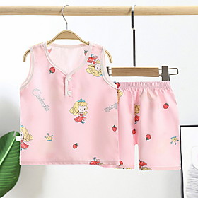 Kids Girls' Clothing Set Sleeveless Blue Yellow Blushing Pink Graphic Print Basic Regular 3-12 Years