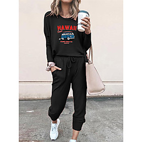 Women Basic Streetwear Print Letter Vacation Casual / Daily Two Piece Set Tracksuit T shirt Pant Loungewear Jogger Pants Drawstring Print Tops