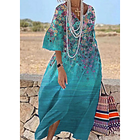 Women's A Line Dress Maxi long Dress Blue Half Sleeve Floral Solid Color Fall Summer V Neck Elegant Casual 2021 M L XL XXL