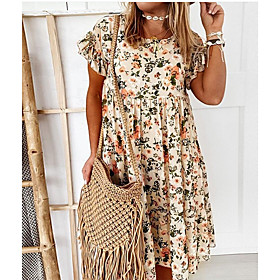 Women's Swing Dress Short Mini Dress Short Sleeve Floral Print Smocked Ruffle Summer Round Neck Glamorous  Dramatic Casual Going out Loose 2021 S M L XL XXL