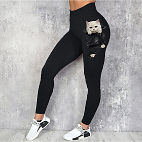 Women's Sporty Fashion Comfort Skinny Leisure Sports Weekend Leggings Pants Cartoon Cat Ankle-Length Sporty Elastic Waist Print Black
