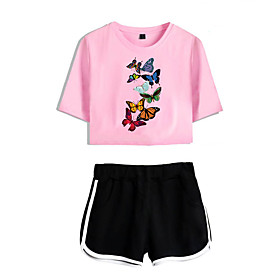 Women's Basic Streetwear Butterfly Vacation Casual / Daily Two Piece Set Crop Top Tracksuit T shirt Loungewear Shorts Print Tops