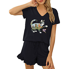 Women Basic Streetwear Cat Butterfly Vacation Casual / Daily Two Piece Set Tracksuit T shirt Loungewear Shorts Drawstring Ruffle Print Tops