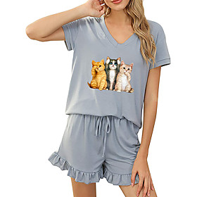 Women Basic Streetwear Cat Vacation Casual / Daily Two Piece Set Tracksuit T shirt Loungewear Shorts Drawstring Ruffle Print Tops