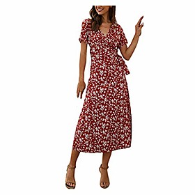 Women's T Shirt Dress Tee Dress Midi Dress Navy Red Wine Short Sleeve Pattern Spring Summer Casual 2021 S M L XL