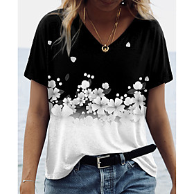Women's Floral Theme Painting T shirt Floral Color Block Print V Neck Basic Tops Black