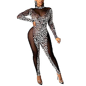 gemeiq women's sexy bodycon jumpsuits velvet mesh see through leopard print long sleeve zipper skinny pants party romper