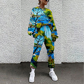 Women's Basic Streetwear Landscape Vacation Casual / Daily Two Piece Set Tracksuit T shirt Pant Loungewear Jogger Pants Drawstring Print Tops