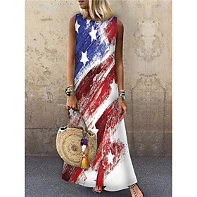 Women's A Line Dress Maxi long Dress Red Sleeveless Print Flag Ethnic American flag Print Spring Summer Round Neck Casual Holiday Loose 2021 S M L XL XXL 3XL