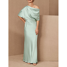 Sheath / Column Mother of the Bride Dress Elegant One Shoulder Floor Length Charmeuse Half Sleeve with Draping 2021