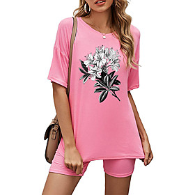 Women's Basic Streetwear Floral Vacation Casual / Daily Two Piece Set Crew Neck Tracksuit T shirt Loungewear Biker Shorts Print Tops