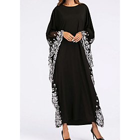 Women's Kaftan Dress Maxi long Dress Black Long Sleeve Solid Color Lace Summer Round Neck Casual Batwing Sleeve Loose 2021 One-Size