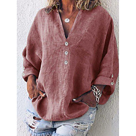 Women's Plus Size Tops Blouse Shirt Plain Long Sleeve V Neck Spring Summer Red Big Size L XL 2XL 3XL 4XL