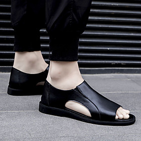 sandals men's summer new summer soft-soled non-slip men's beach shoes cowhide roman soft leather sandals all black