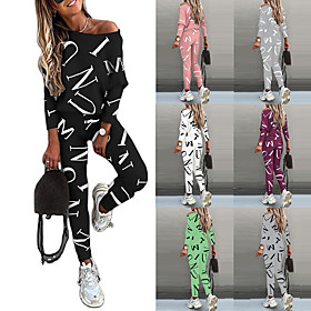 Women's 2 Piece Set Patchwork Fashion Streetwear Crew Neck Letter Printed Sport Athleisure Clothing Suit Long Sleeve Moisture Wicking Breathable Soft Sweat Out