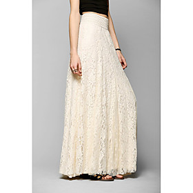 women's a-line vintage elegant high waisted floral lace pleated maxi long lace skirt(beige-m)