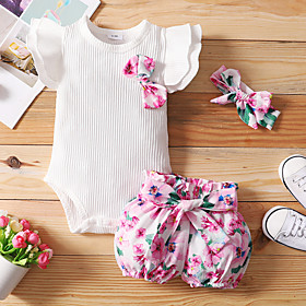 Baby Girls' Basic Floral Bow Print Short Sleeve Regular Clothing Set White