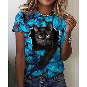 Women's 3D Cat T shirt Cat Graphic 3D Print Round Neck Basic Tops Blue