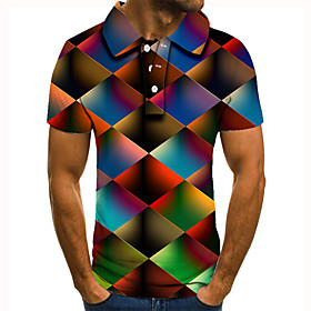 Men's Golf Shirt Tennis Shirt 3D Print Optical Illusion Geometry Button-Down Short Sleeve Street Tops Casual Fashion Cool Rainbow / Sports