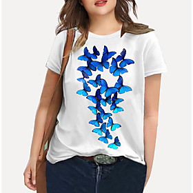 Women's Plus Size Tops T shirt Graphic Butterfly Print Short Sleeve Crewneck Basic Blue Big Size XL XXL 3XL 4XL 5XL / Holiday / Going out