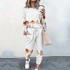 Women's Basic Streetwear Floral Plant Vacation Casual / Daily Two Piece Set Tracksuit T shirt Pant Loungewear Jogger Pants Drawstring Print Tops