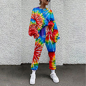 Women's Basic Streetwear Tie Dye Vacation Casual / Daily Two Piece Set Crew Neck Tracksuit T shirt Pant Loungewear Jogger Pants Drawstring Print Tops / Loose