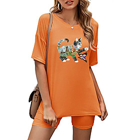 Women's Basic Streetwear Cat Butterfly Animal Vacation Casual / Daily Two Piece Set Crew Neck Tracksuit T shirt Loungewear Biker Shorts Print Tops