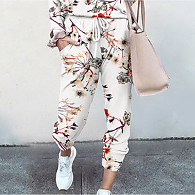 Women's Basic Soft Comfort Daily Home Jogger Pants Flower / Floral Abstract Full Length Elastic Drawstring Design Print White Blue Red Wine