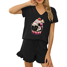 Women Basic Streetwear Animal Vacation Casual / Daily Two Piece Set Tracksuit T shirt Loungewear Shorts Drawstring Ruffle Print Tops
