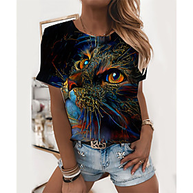 Women's T shirt Cat Graphic 3D Print Round Neck Tops Basic Basic Top Black Blue Light Blue