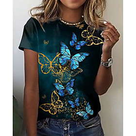 Women's Butterfly Painting T shirt Graphic Butterfly Print Round Neck Basic Tops Black