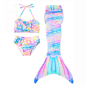 Kids Girls' Swimwear Bikini 3pcs Swimsuit The Little Mermaid Swimwear Geometric Blue Red Rainbow Active Cute Bathing Suits 3-10 Years
