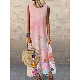 Women's Shift Dress Maxi long Dress Blushing Pink Sleeveless Floral Print Print Spring Summer Round Neck Casual 2021 S M L XL XXL 3XL