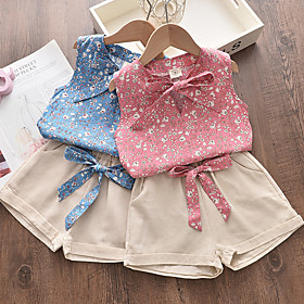 Kids Girls' Clothing Set 2 Piece Sleeveless Blushing Pink Light Blue Floral Bow Print Cotton Basic Regular