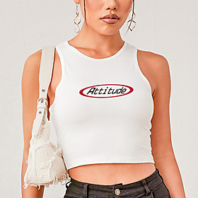 Women's Tank Top T shirt Graphic Letter Print Round Neck Basic Sexy Tops Slim White Blushing Pink Black / Crop