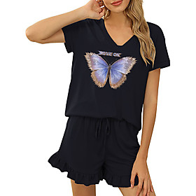 Women Basic Streetwear Butterfly Letter Vacation Casual / Daily Two Piece Set Tracksuit T shirt Loungewear Shorts Drawstring Ruffle Print Tops