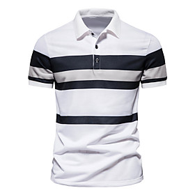 Men's Golf Shirt Tennis Shirt Striped Button-Down Short Sleeve Street Tops Cotton Business Casual Comfortable White Navy Blue