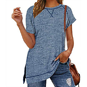 womens short sleeve tunic casual round neck tee loose t-shirt side split tops blue medium