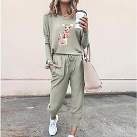 Women Basic Cat Animal Daily Wear Vacation Two Piece Set Tracksuit Loungewear Print Tops