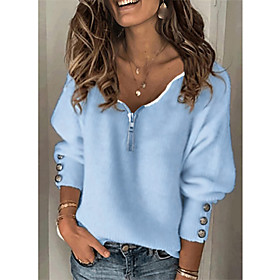Women's Pullover Sweater Zipper Knitted Button Solid Color Stylish Basic Casual Long Sleeve Sweater Cardigans V Neck Fall Winter Blue Gray White