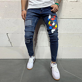Men's Simple Jeans Pants Spot Full Length Print 1 Blue