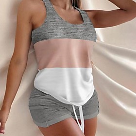 Women's Plus Size Loungewear Sets Elastic Waistband Multi Color Stripes Polyester Sports Tank Top Shorts Round Neck Home Daily Wear Seamed Pocket