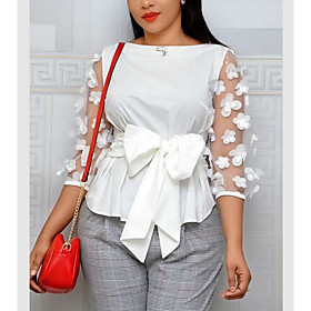 Women's Plus Size Tops Blouse Shirt Plain Lace Bow 3/4 Length Sleeve Round Neck Streetwear Red White Yellow Big Size XL XXL 3XL 4XL